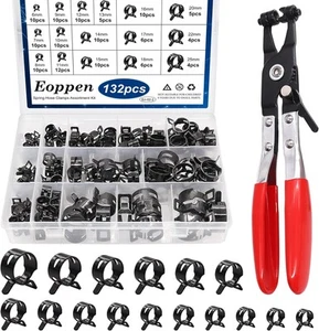 132Pcs 6-25mm Spring Hose Clamps Assortment Kit with Swivel Flat Band Black - Foto 1 di 6
