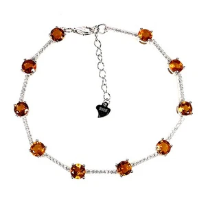 925 Sterling Silver Bracelet Round Citrine 5mm Natural Gemstone Jewelry 7inches - Picture 1 of 14