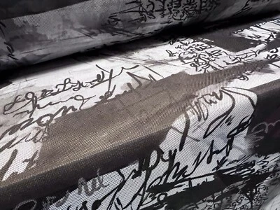 Sheer Mesh Net Fabric, Per Metre - Scribble Print - Charcoal Grey & White - Image 1 of 3