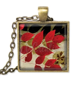 Pretty Foliage Autumn Nature Lovers - Handmade SQUARE Glass Pendant Necklaces - Picture 1 of 9