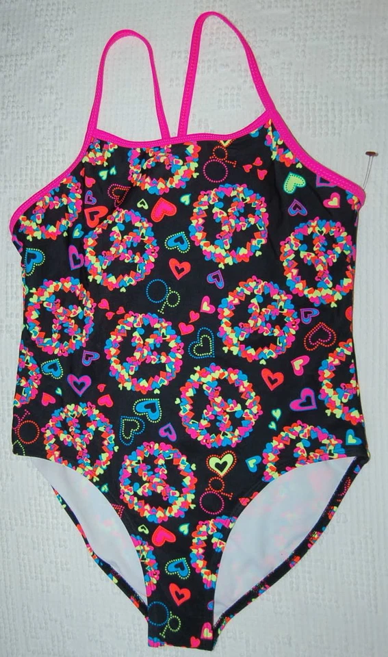 Girls One Piece Swimsuit BLACK PEACE SIGN Neon HOT PINK Hearts 14 1/2 PLUS - Image 1 of 2