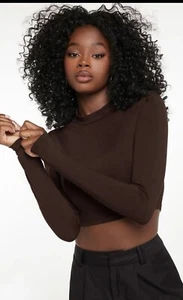 Women L = Junior XXL Sexy Stretch Long Sleeve Brown Mock Neck Crop Top Shirt - Picture 1 of 13