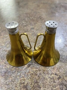 Salt & Pepper Shakers VTG Glass & Brass Tin Megaphone Hailing Horn Cheerleader - Picture 1 of 3