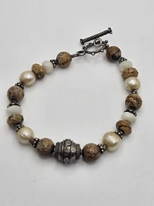 Vintage Jasper Pearl Sterling Silver Toggle Clasp Beaded Bracelet - Picture 1 of 11
