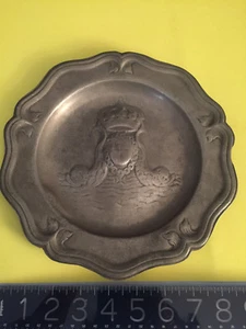 ANTIQUE 17th-18thC GERMAN Pewter HERALDIC CROWN/CROSS DOLPHINS Shield Plate DEEP - Picture 1 of 8