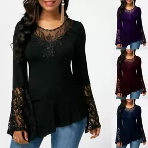 Women's Lace Long Sleeve Tunic Tops T-Shirt Ladies Casual Loose Blouse Pullover - Picture 1 of 15