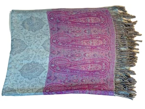 Womens 100% cashmere shawl wrap blue and purple paisley with floral design 70x22 - Picture 1 of 5