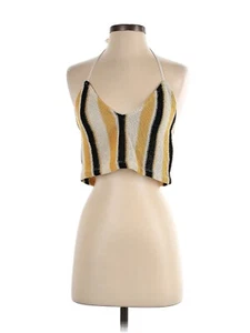 Zara Womens Small Crop Top Striped Vneck Rustic Halter Gold Sleeveless Crochet - Picture 1 of 4
