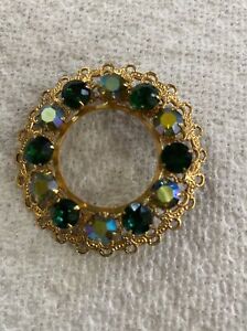 Vintage Brooch Pin Back Costume Jewelry Gold Tone Filigree Green Rhinestones