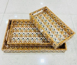 Wood Serving Tray with Handles,Decorative Tray Set of 3 with Nesting Stacking - Picture 1 of 12