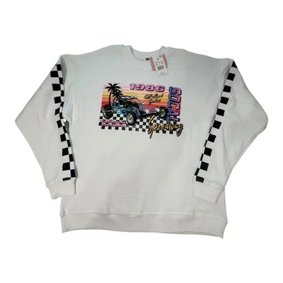 Ascot Hart White 1986 Social Speedway Sweatshirt Checkerboard Sleeves - XS - Image 1 of 4