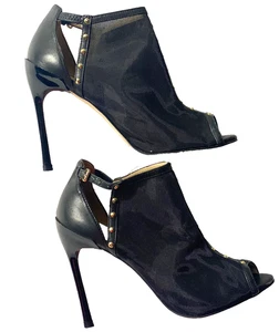 ZARA Woman Black Mesh Peep Toe Studded Stiletto Heels Sandals Size 39 US 8 - Picture 1 of 8