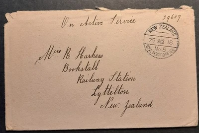 Nueva Zelanda Primera Guerra Mundial militar 1916 matasellos en "En servicio activo" cubierta a Nueva Zelanda Foto 1 de 2