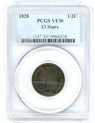1828 13 Stars HALF CENT PCGS VF30 - Image 1 of 2