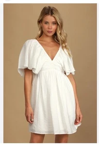 Lulus Santorini Dream White NWT Short Flutter Sleeve V Neck Mini Dress Boho L - Picture 1 of 16