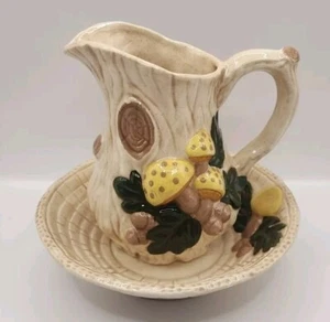 Vintage 1977 Ceramic Mushroom Tree Stump 5" Pitcher & 6" Plate Set - Picture 1 of 12