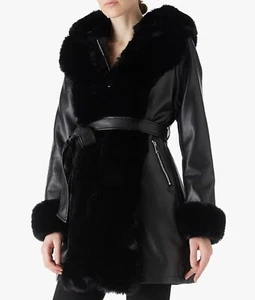 Risissida Faux Leather Jacket Winter Coat w/ Hood & Fur Collar/Lining, Black, L - Picture 1 of 5