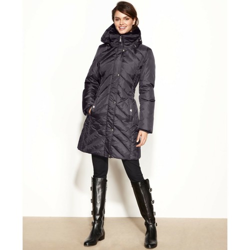 Michael Kors Cappotto tampone donna con cappuccio in pelliccia sintetica collare XL grigio flanella