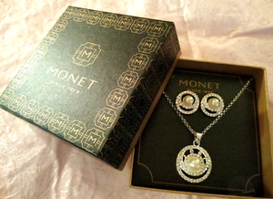 Brand New MONET silver-tone & pearl earrings and necklace set - Picture 1 of 4