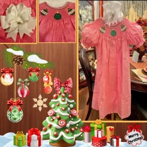 Girls NWT Petite Palace Smocked Dress Long Gingham Christmas Free Bow 5 - Picture 1 of 9