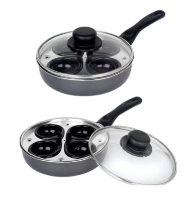 4 Tassen Aluminium Eierpochierer Pfanne - 20 cm Antihaft mit belüftetem Glasdeckel perfekt - Bild 1 von 4