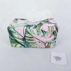 Tissue Box Cover Handmade Bright Green Leaves on Pink Print Circle Opening  - Picture 1 of 12