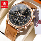 OLEVS Men Watch Leather Strap Multifunctional Chronograph Moon phase Waterproof
