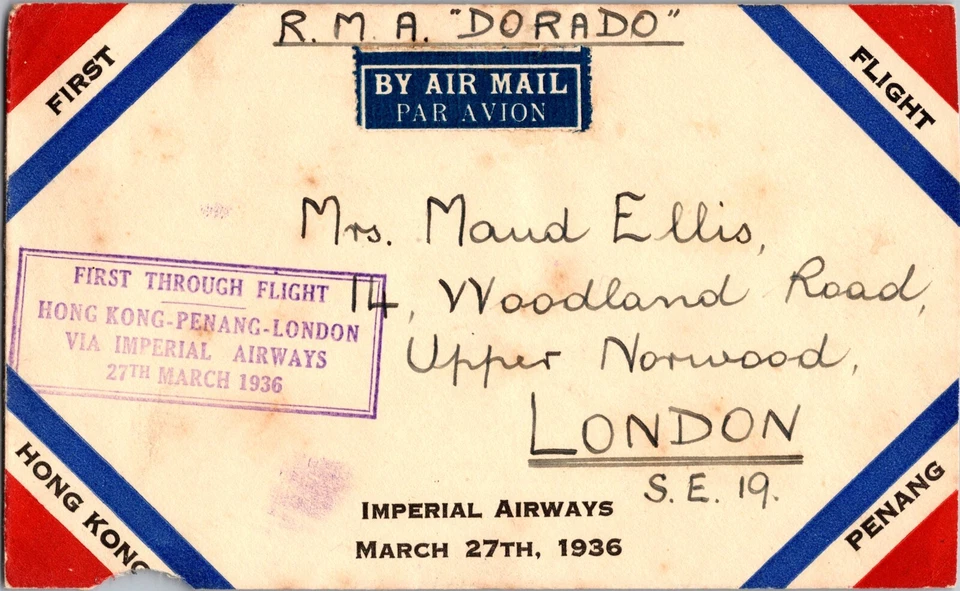 1936 British Territory Hong Kong Penang RMA Dorado FFC Cover To England London - Image 1 of 2