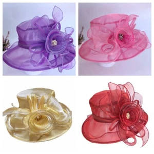 Women Fascinator Kentucky Church Sun Hat Wide Brim Organza Tea Party Derby Cap - Picture 1 of 18