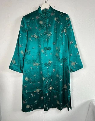 复古中国丝绸长袍蓝绿色花卉刺绣普通话领青蛙纽扣 38 — 第 1/4 张图片