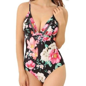 Women's Medium Sexy Black Floral Print Padded V-Neck One Piece Bikini Backless - Picture 1 of 17