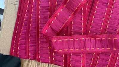 New Fuchsia Red and Orange Ribbon Pleated Rayon and Satin 1 inch wide 14 yards - Image 1 of 2