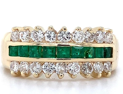 0.54ct Natürlich Rund Diamant 14K Bis Gestempelt Gelbgold Smaragd Hochzeit Ring - Bild 1 von 4