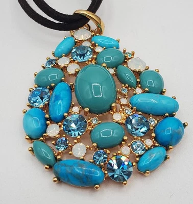 Joan Rivers Necklace 18in Brown Suede Gold Tone Faux Turquoise Brilliant Crystal - Image 1 of 4