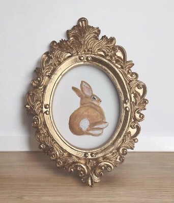 Conejo Conejo Acuarela Impresión de Pintura en Mini Oro Estilo De Colección Marco Ornamentado Foto 1 de 4