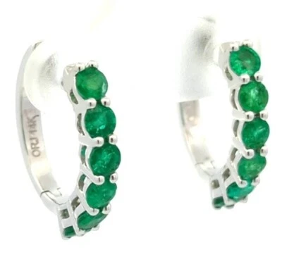 Video 1.40CT 14K Solid White Gold Natural Emerald Round Hoop Earrings Italian  - Image 1 of 4