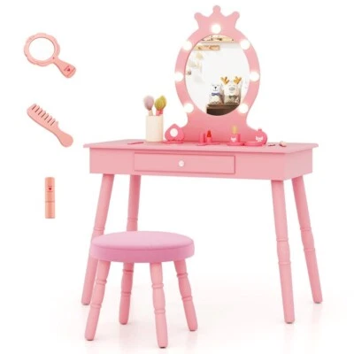 Kids Vanity Set Lighted Mirror w/ Adjustable Brightness Drawer Girl Playset Gift - Image 1 of 4