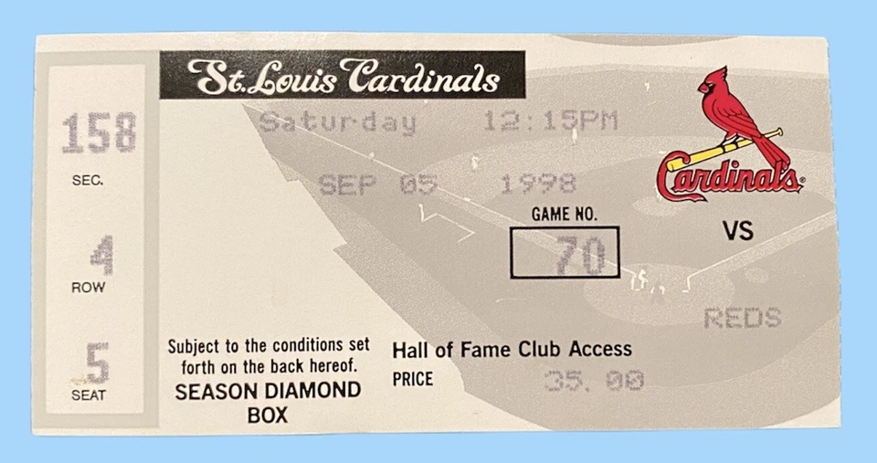 Mark McGwire билет заглушка HR #60 70 St Louis Cardinals 9/5/1998 Home Run  - Изображение 1 из 1