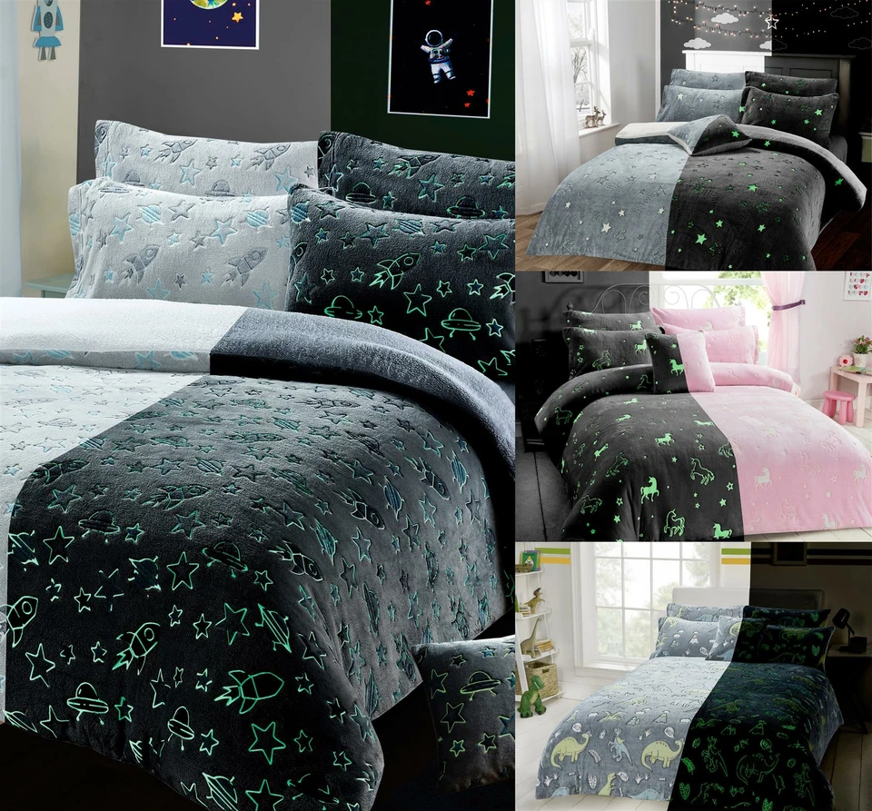 Glow In The Dark Teddy Fleece Duvet Cover Sets Soft Warm Kids Bedding Quilt set - Image 1 of 3