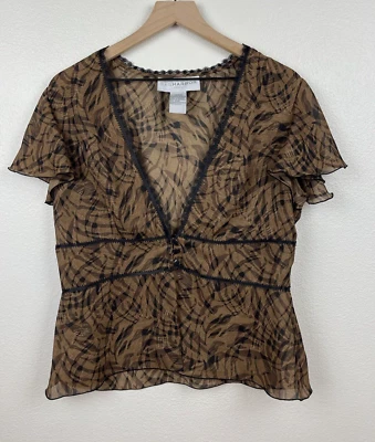 Sag Harbor 女式衬衫 10 码蕾丝娃娃棕色黑色斑马半透明 y2k 90 年代 — 第 1/4 张图片