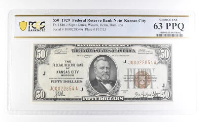 1929 $50 Kansas City MO Fed. Reserve Bank Fr#1880-J Choice Unc 63 PPQ PCGS *2516 - Image 1 of 3
