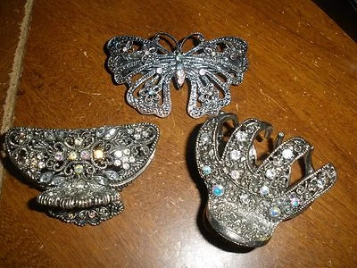 lot of 3 very fancy metal hair clips butterfly barrette 2 pony clips - Image 1 of 4