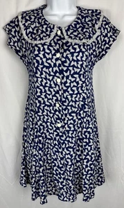 Navy Fit & Flare Dress Butterfly Print Vintage Yazoo Platter Collar Sz L Petite - Picture 1 of 14