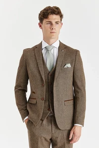 Men's Tailored Fit Wool Brown 3 Piece Suit - Ideal for Weddings & all Special Oc - Picture 1 of 8