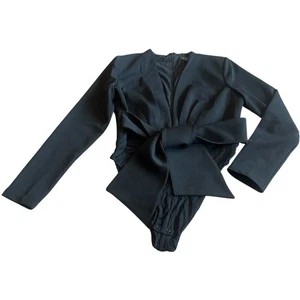 Body Bardot Anya nero manica lunga nodo vita profondo tuffo taglia 8 Medium - Foto 1 di 12