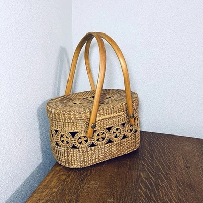 Винтажный кошелек двойной ручки сплетенный сосны иглы Raffia корзина Тенерифе кружева EUC - Изображение 1 из 4