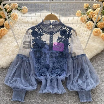 Ladies Lace Mesh Shirt Floral Long Puff Sleeve Blouse Sheer Elegant Party Tops - Image 1 of 4