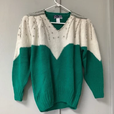 Suéter vintage Vanna blanco grande para mujer con cuentas mezcla de lana hombreras años 80’s Foto 1 de 4