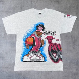 Vintage 90s Chicago Bulls Graffiti Gangster Wraparound Tultex Men’s Grey Tee XL - Picture 1 of 6