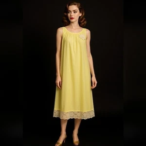 VINTAGE 60er GELB NYLON SPITZE PEIGNOIR NACHTHEMD KLEID FLIESSEND, ROMANTISCH - Bild 1 von 12